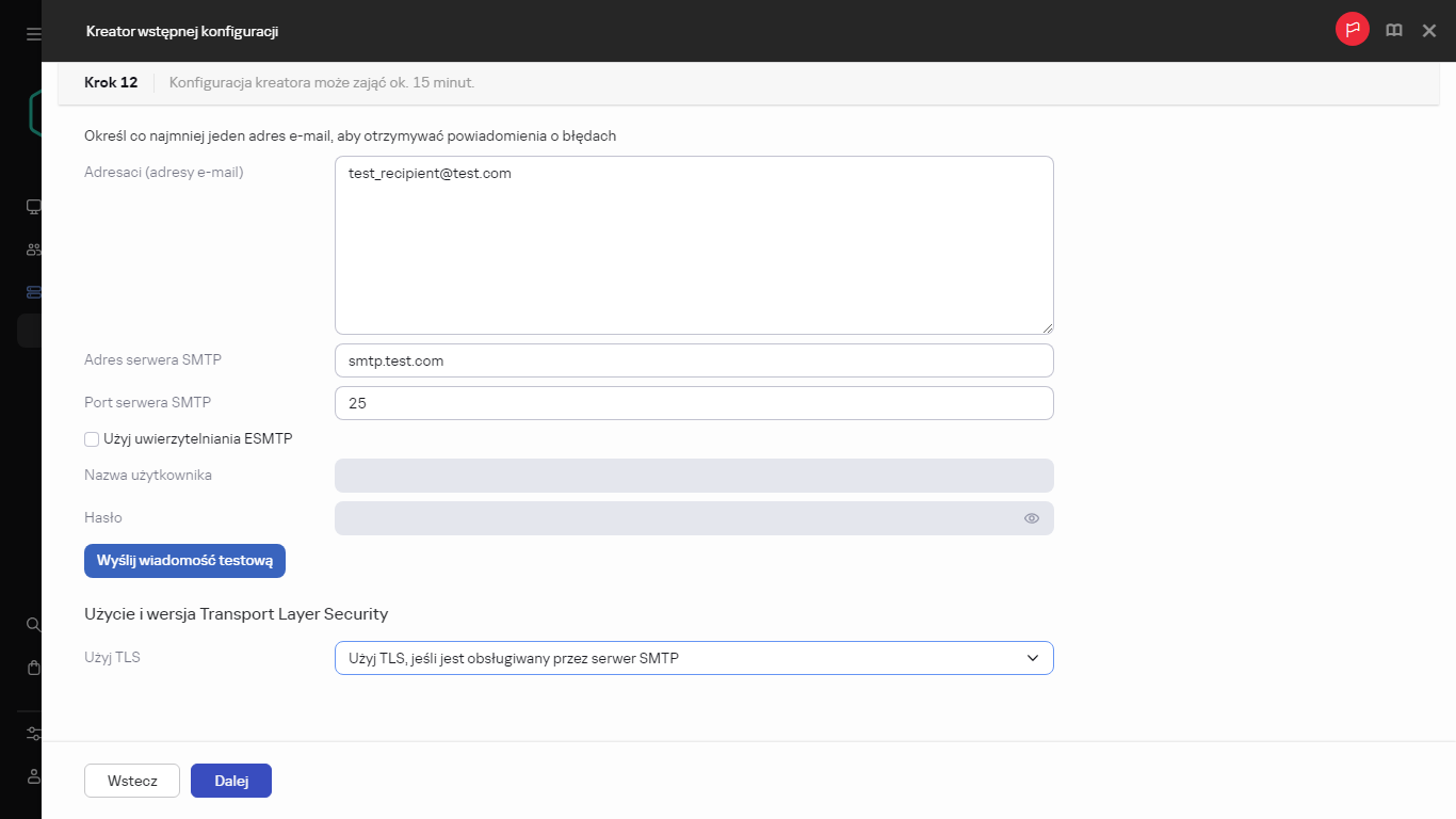 Krok powiadomień e-mail w Kreatorze wstępnej konfiguracji.