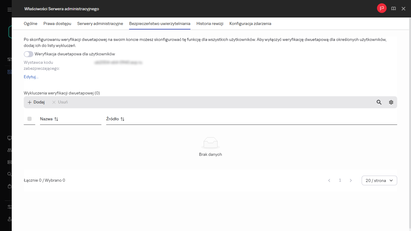 Karta bezpieczeństwa uwierzytelniania we właściwościach Serwera administracyjnego.