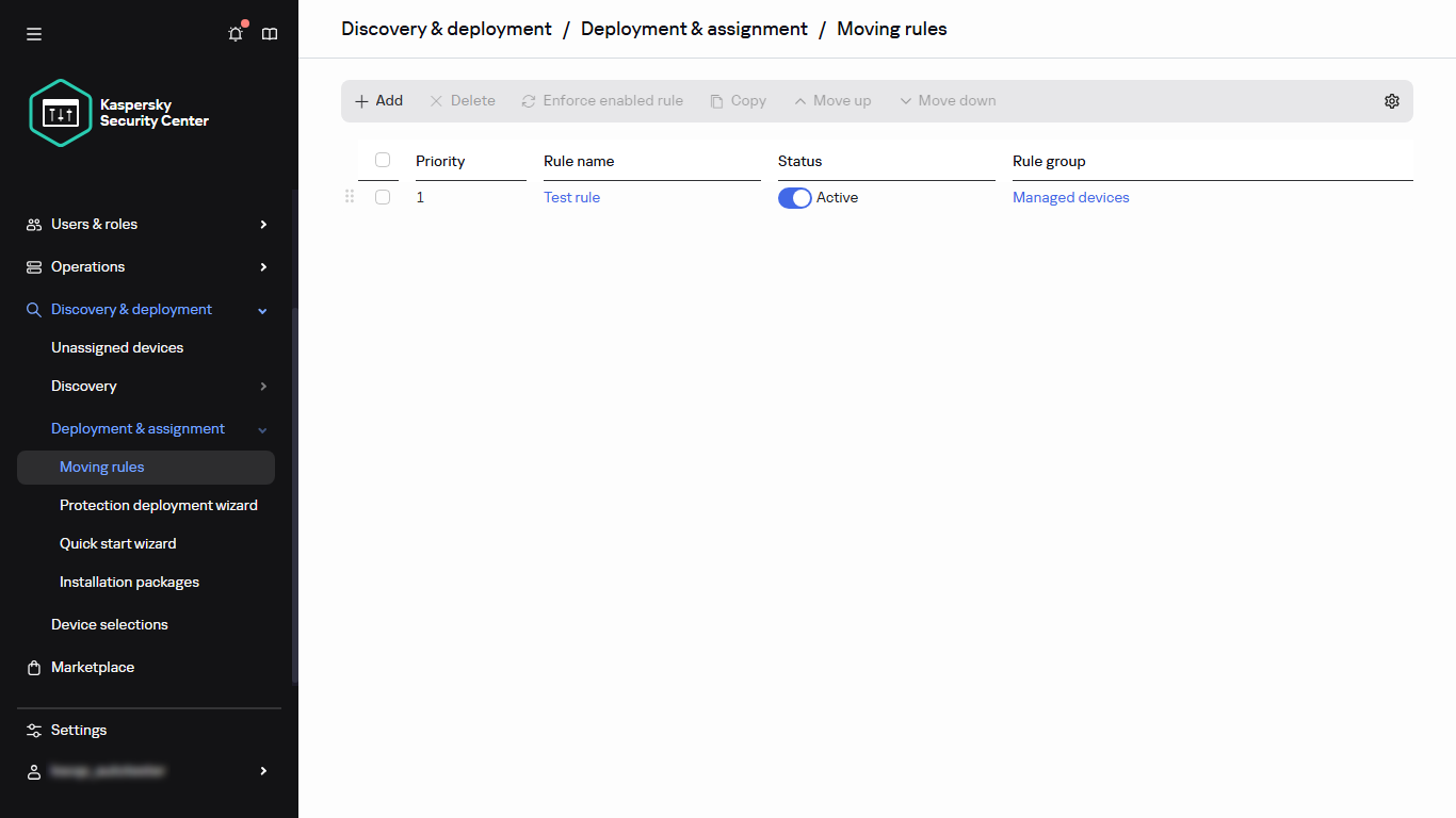 The moving rules section of Kaspersky Security Center.