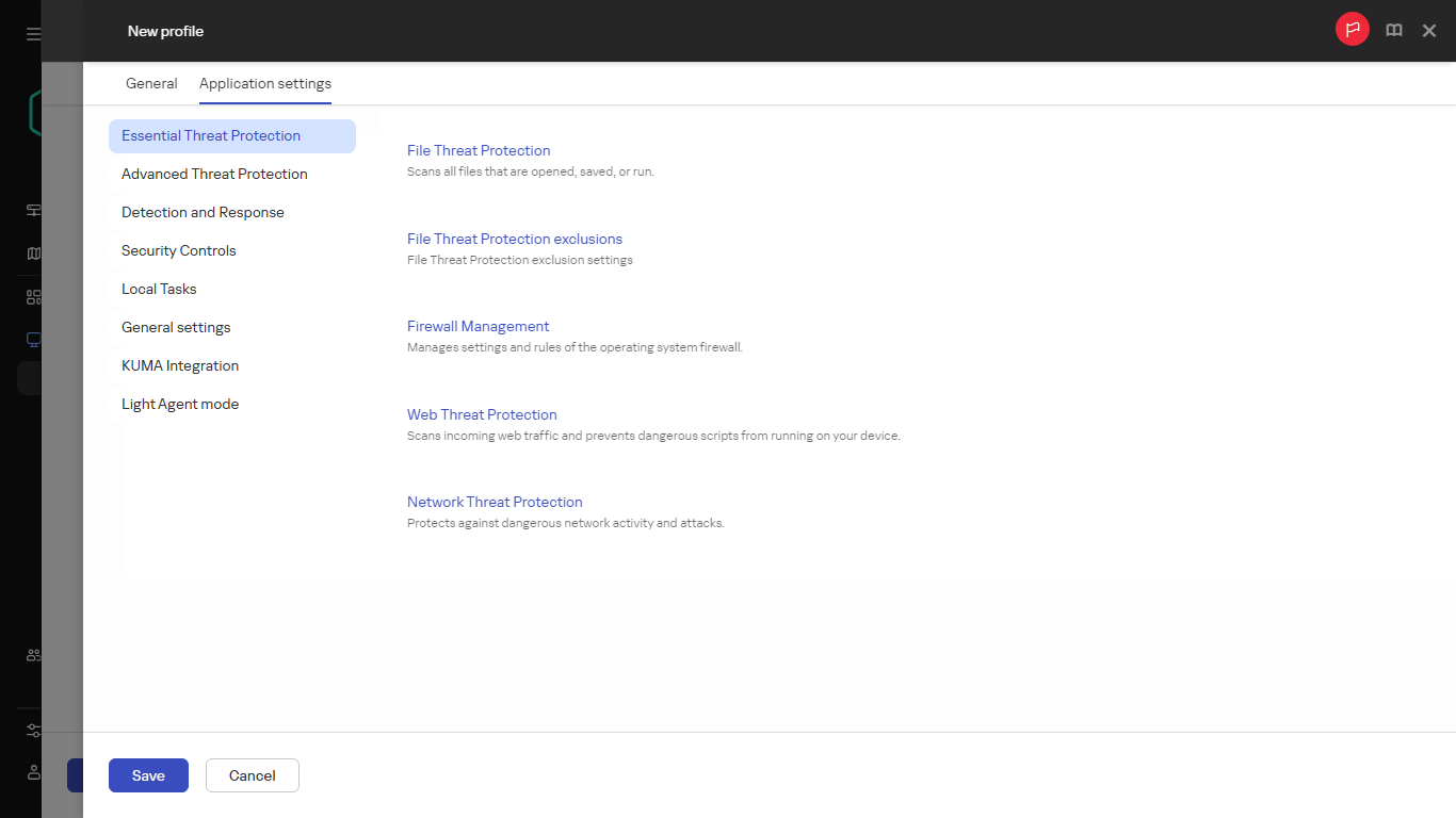 Specifying the settings of a new policy profile on the Application settings tab.