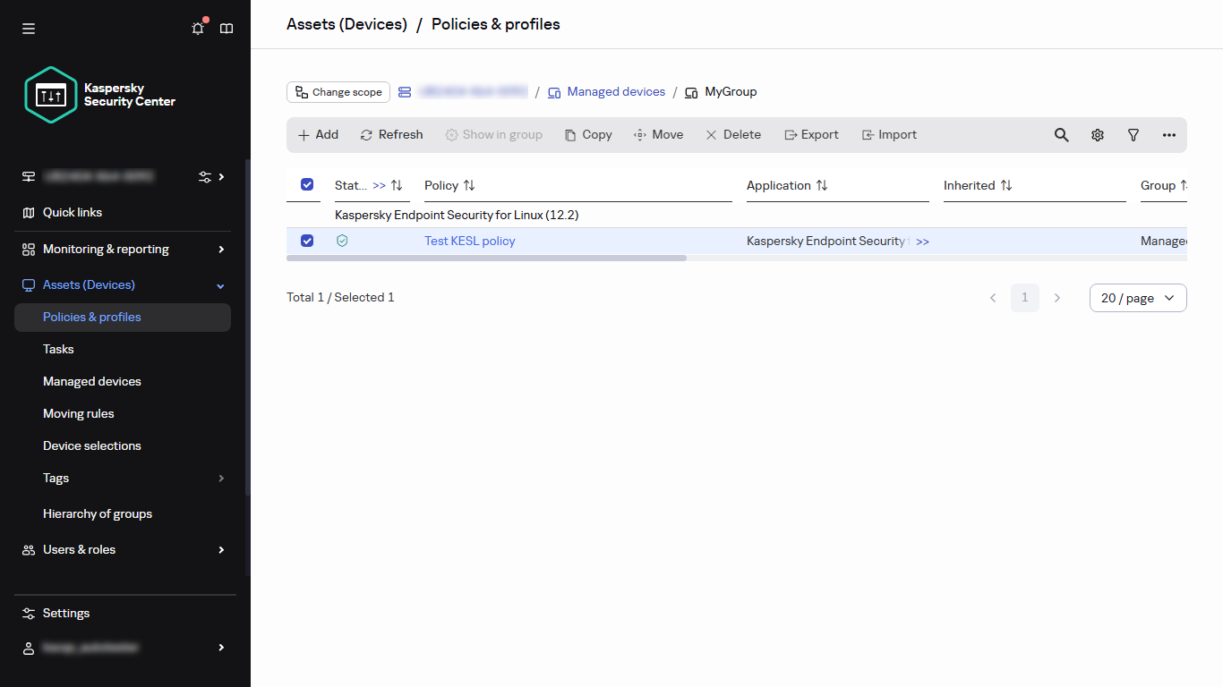 Policies and profiles: a policy with a checkbox selected.