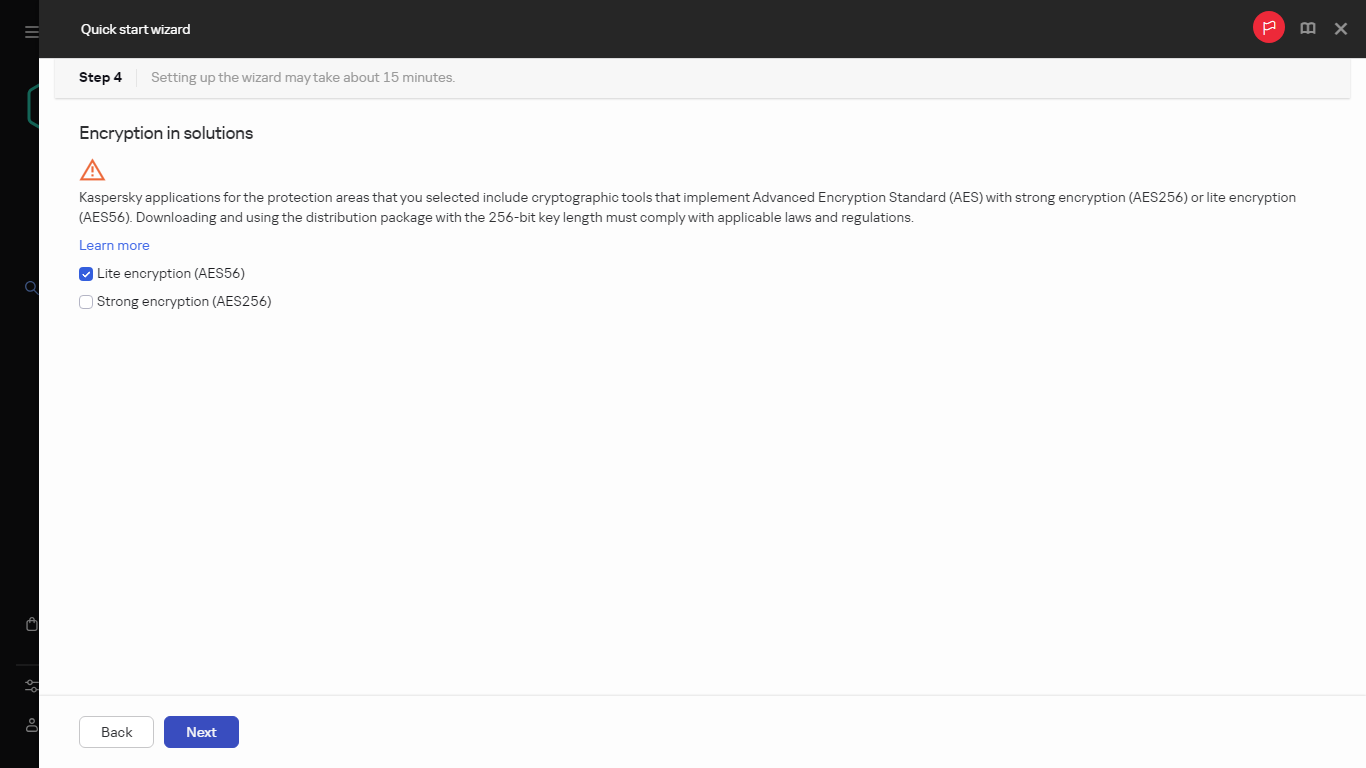 The Encryption in solutions step of Quick start wizard.
