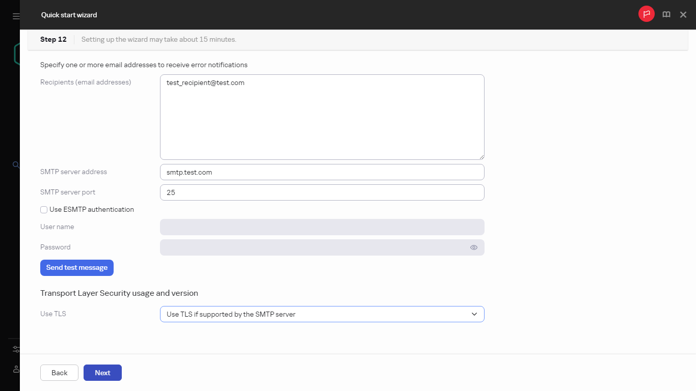 The Email notifications step of Quick start wizard.