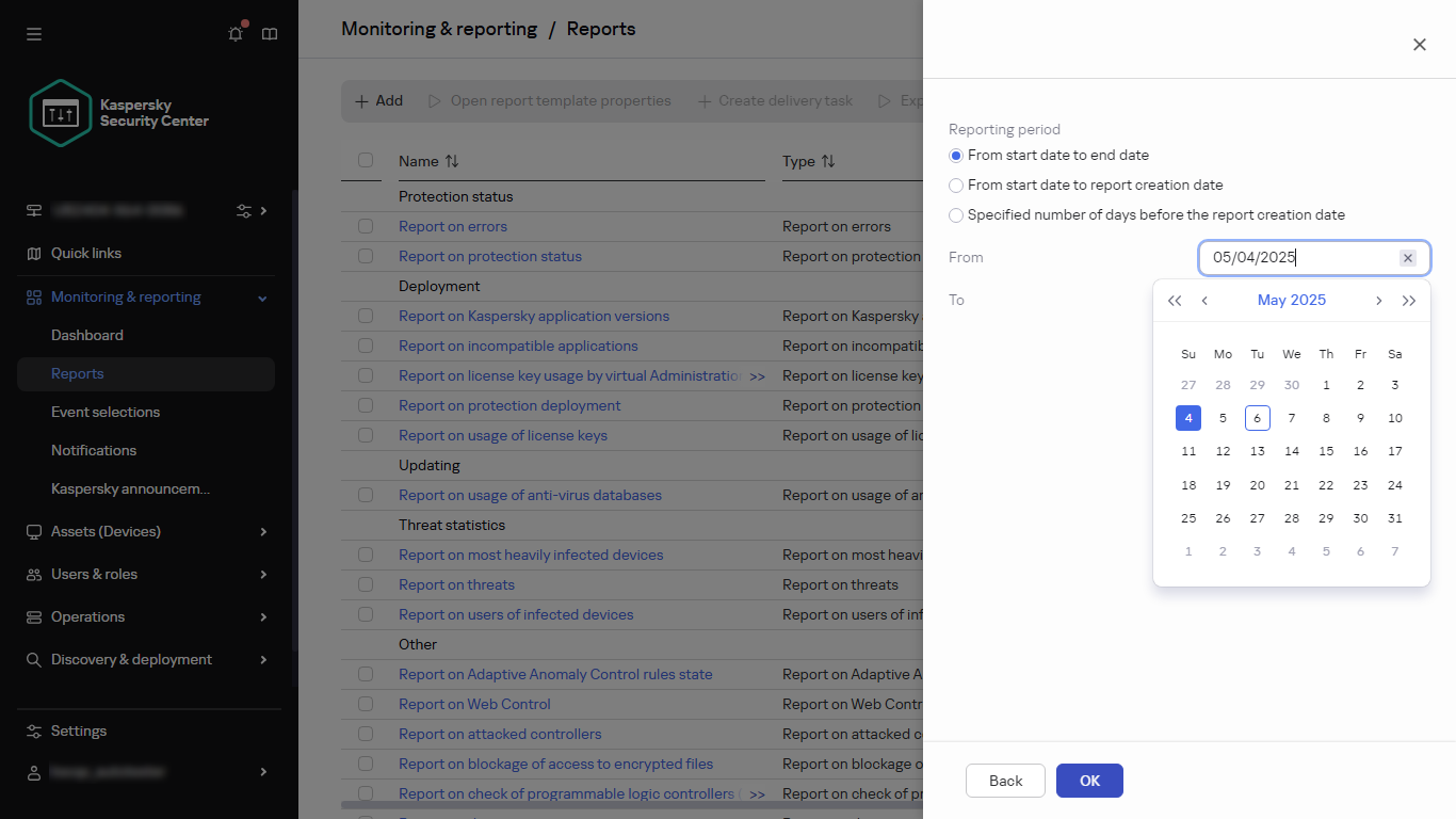 Specifying the reporting period of a new report.