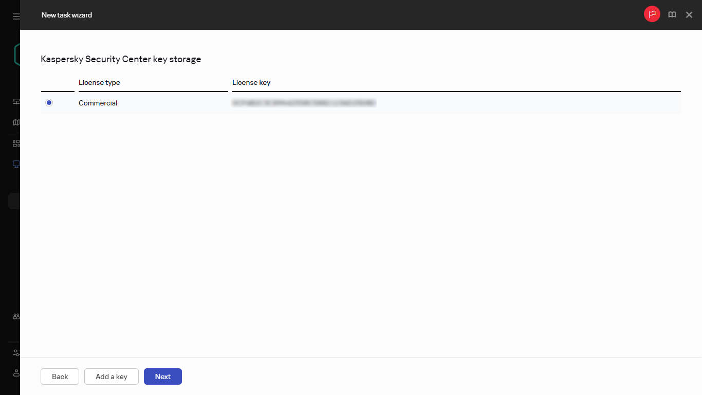 The list of licenses in the Add key task window.