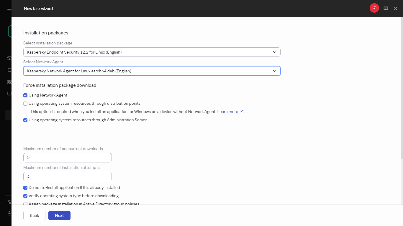 Settings of the Install application remotely task.