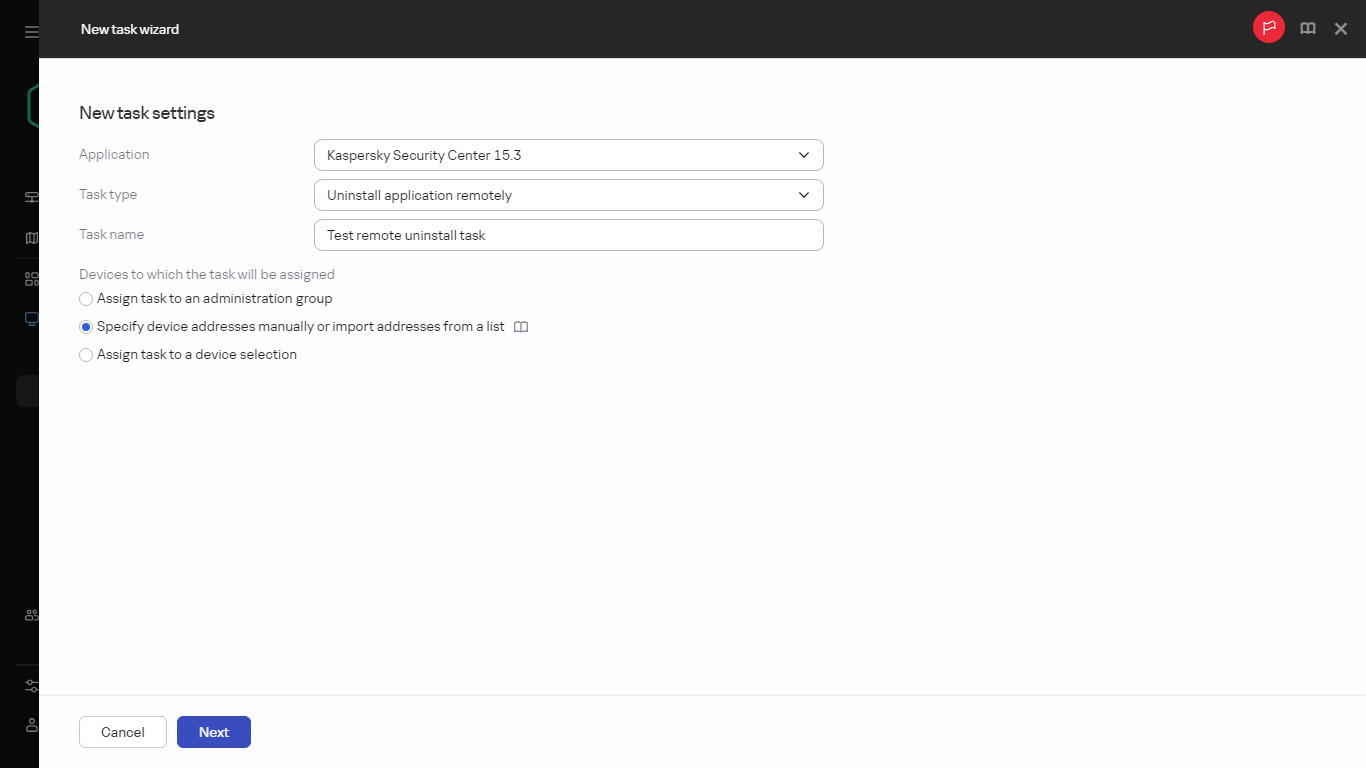 Settings of the Uninstall application remotely task.