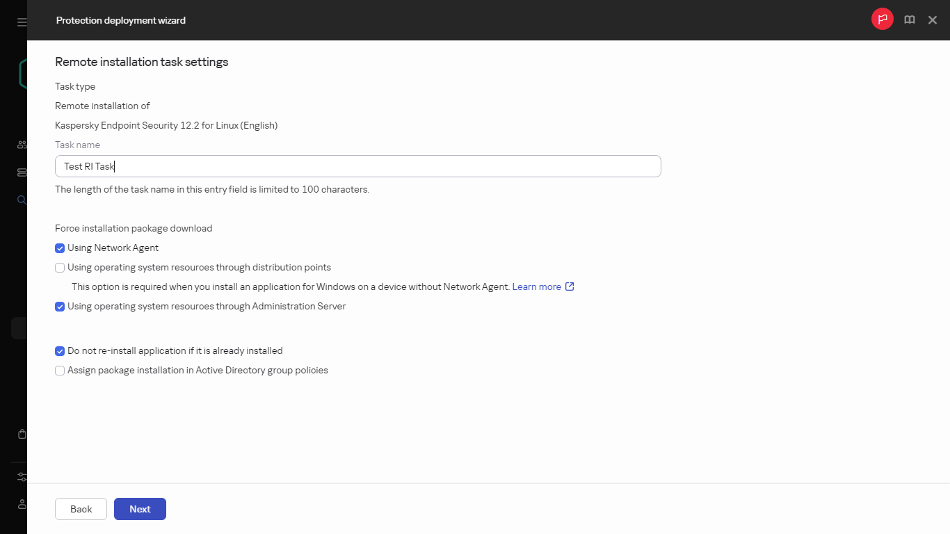 Settings of the remote installation task.