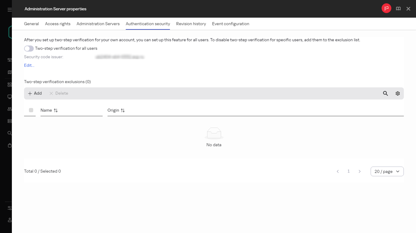 The Authentication security tab in Administration Server properties.