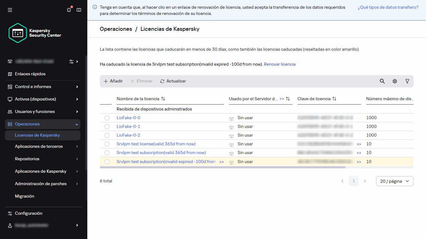 Lista de licencias de Kaspersky.