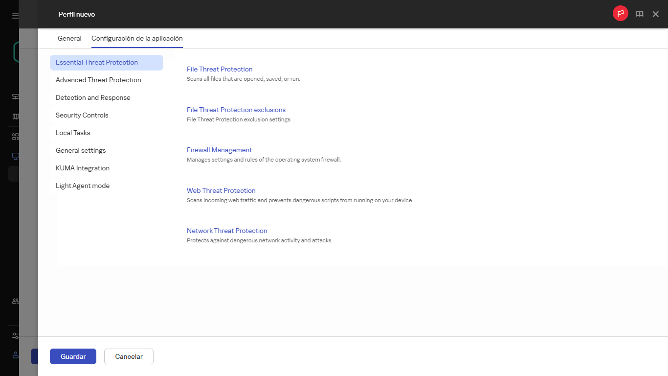 Especificar la configuración de un nuevo perfil de directiva en la pestaña Configuración de la aplicación.