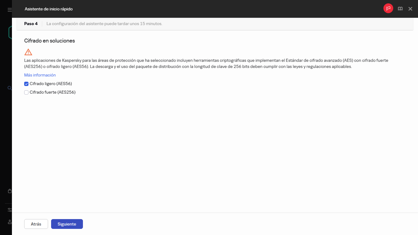 El paso de cifrado en soluciones del Asistente de inicio rápido.