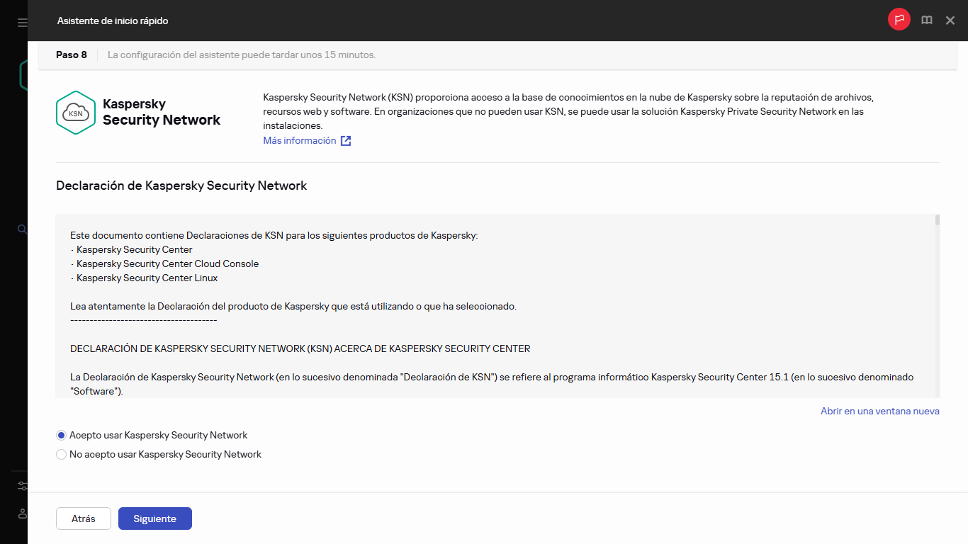 El paso de Kaspersky Security Network del Asistente de inicio rápido.