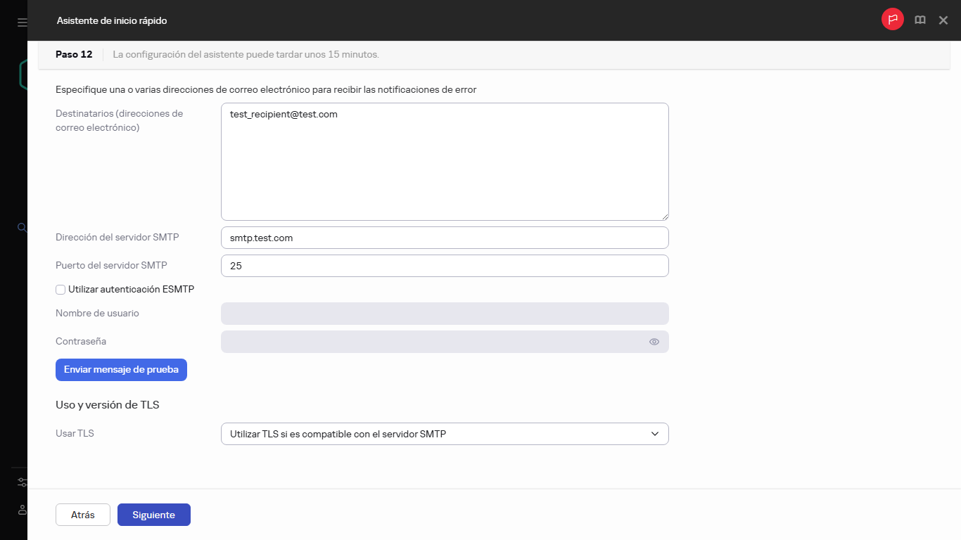 El paso de notificaciones por correo electrónico del Asistente de inicio rápido.