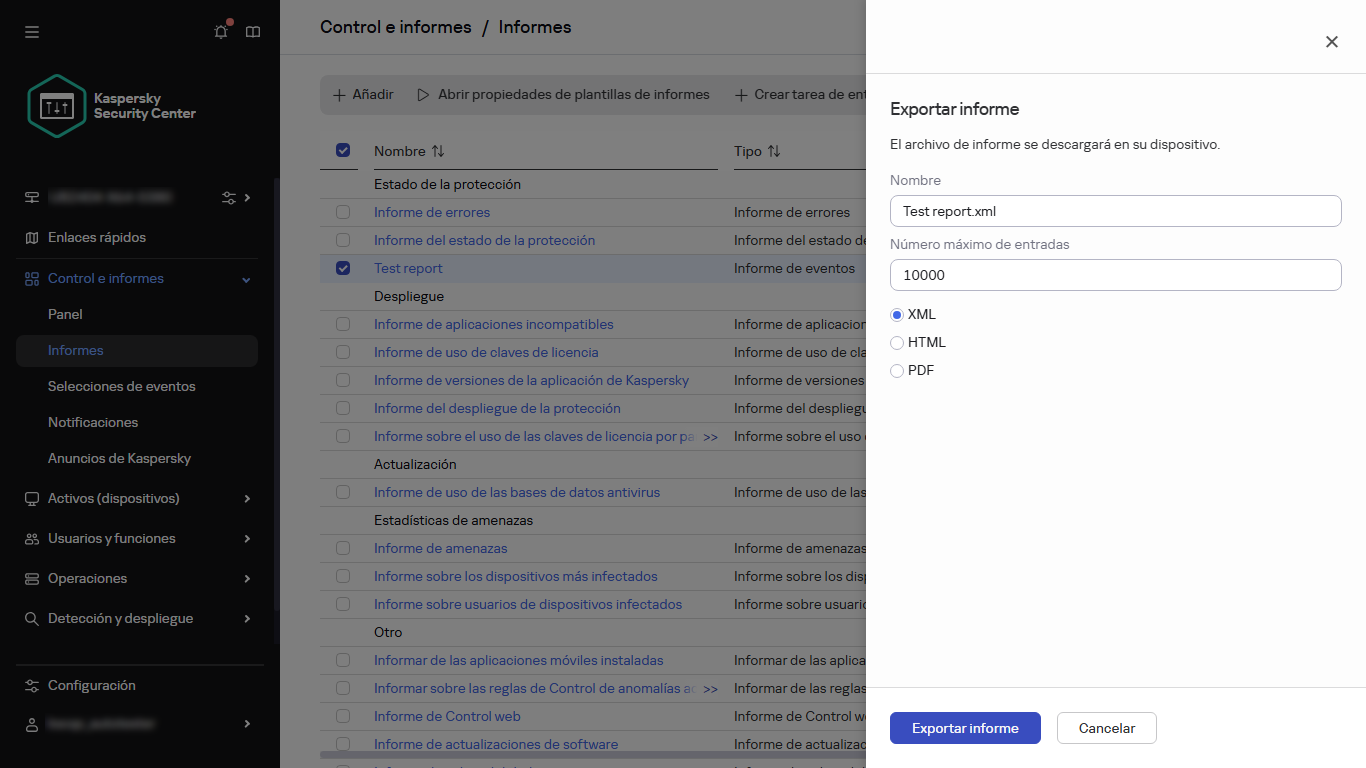 Especificar los ajustes de exportación del informe