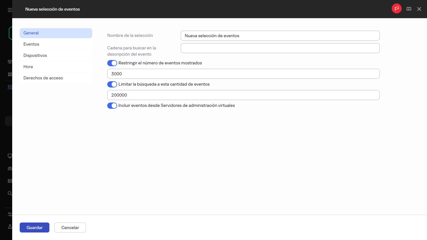 Configuración de una nueva selección de eventos.