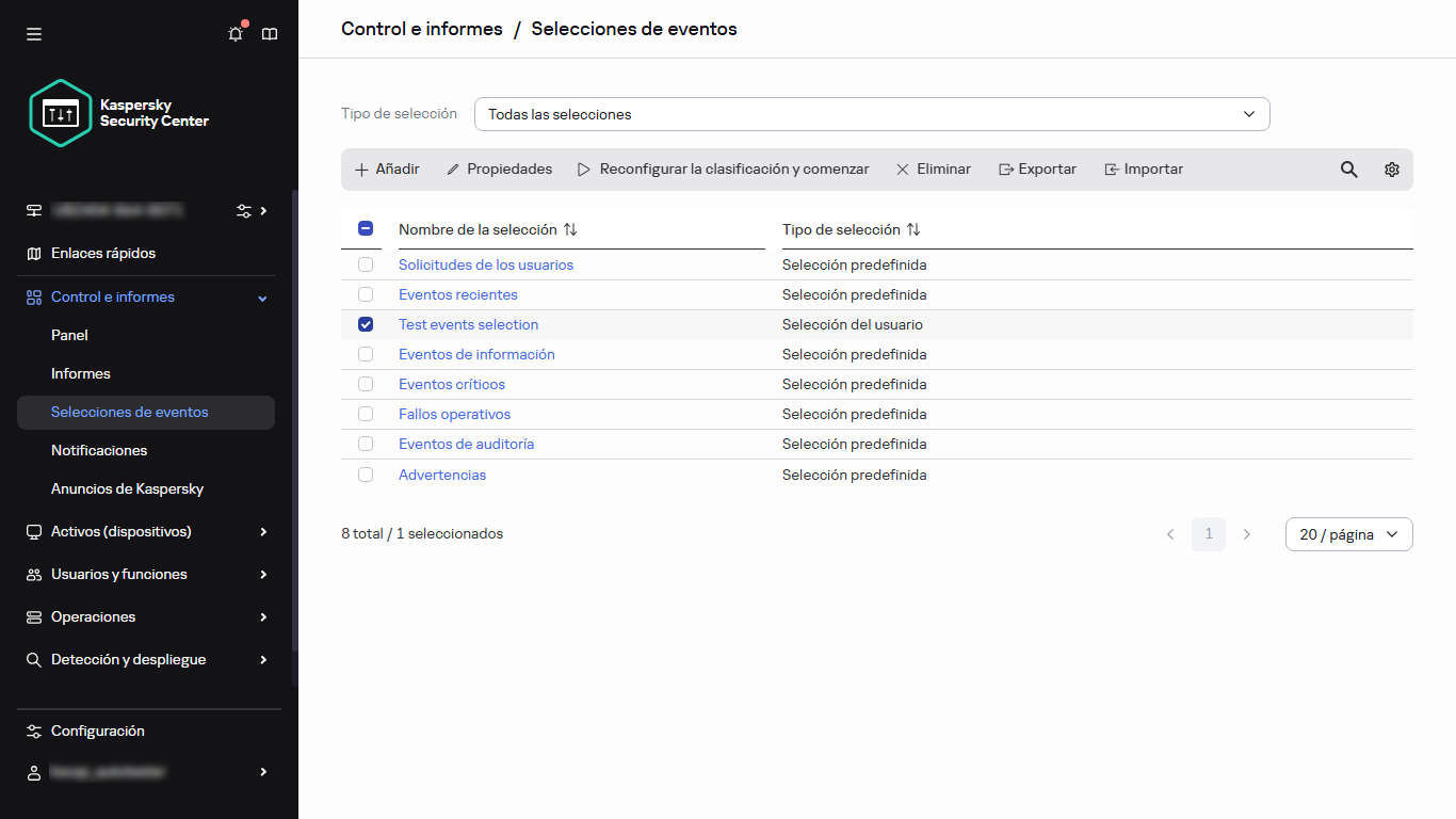 Lista de selección de eventos con el elemento seleccionado.