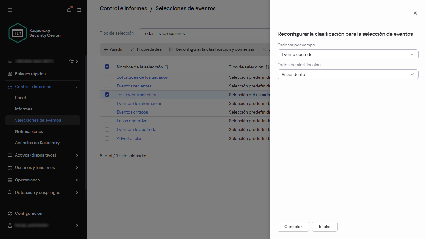 Ordenar la selección de eventos.