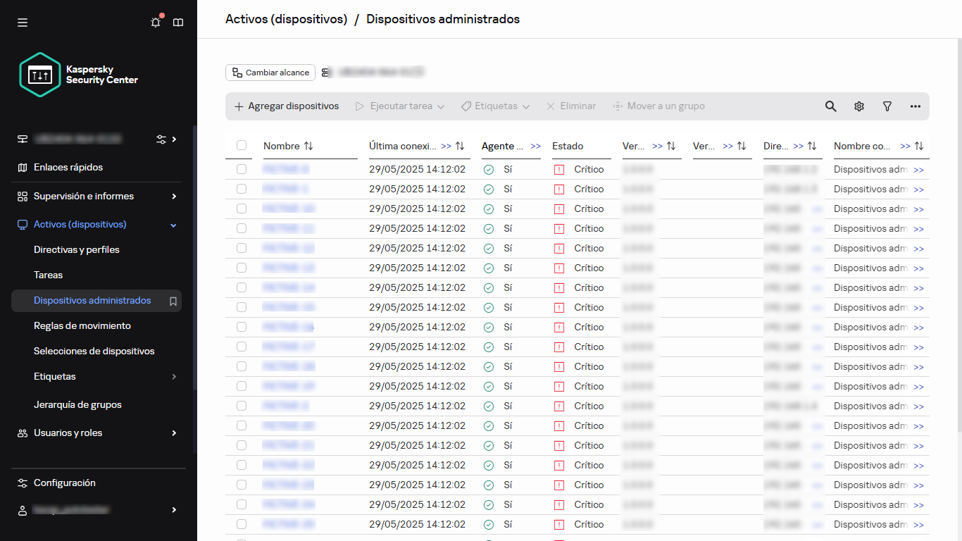 La lista de dispositivos administrados.