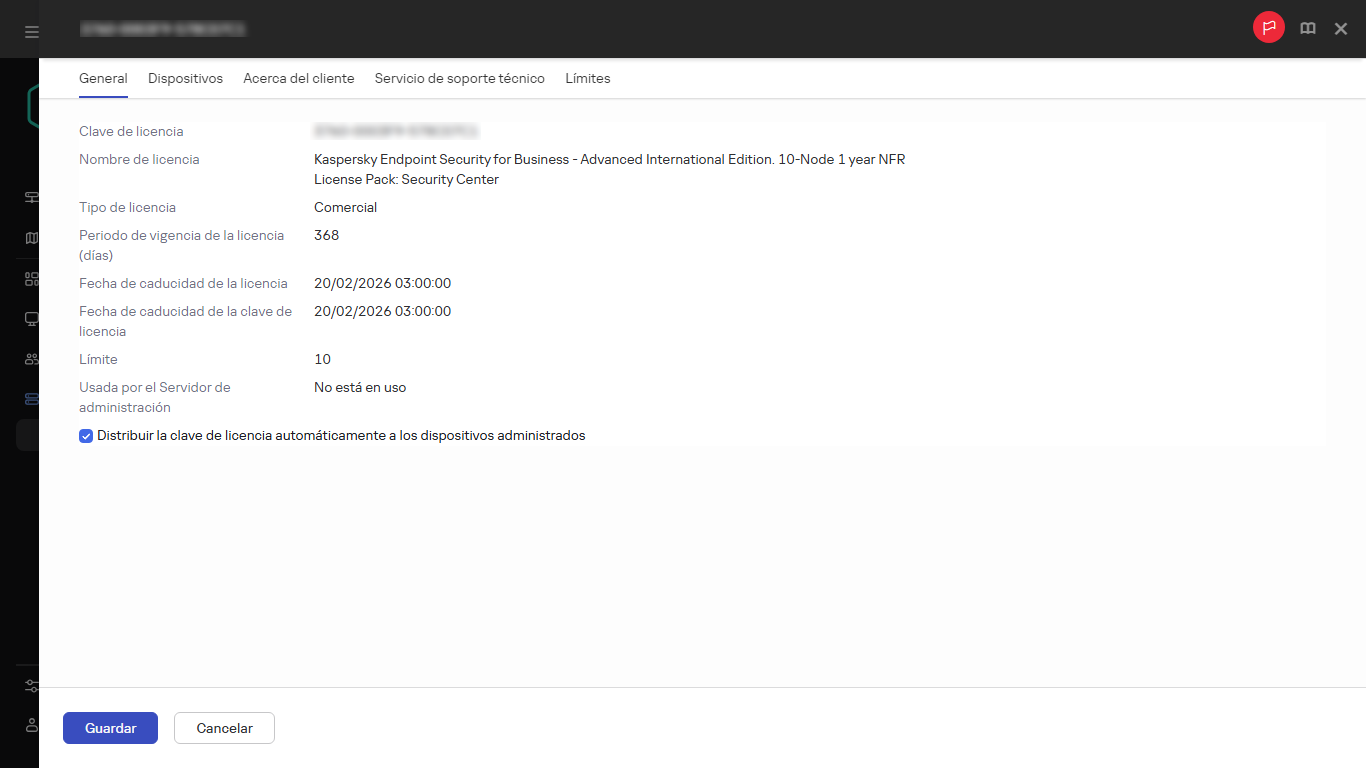 La ventana de propiedades de la clave de licencia.