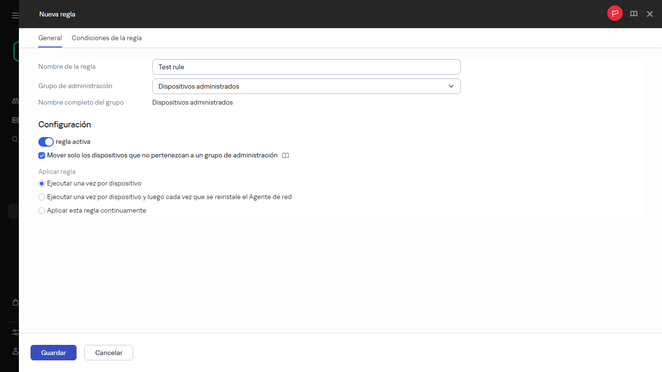 Nueva ventana de creación de reglas.