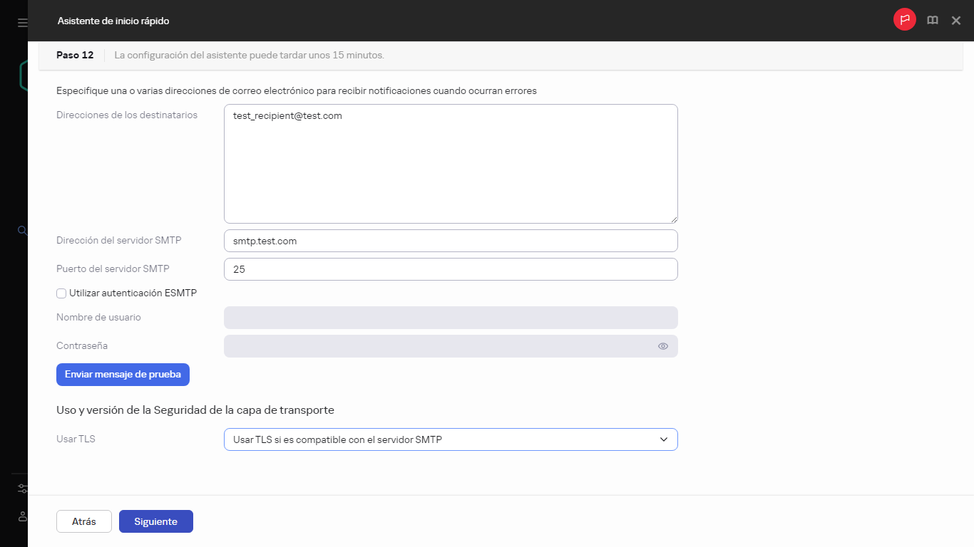 Paso de notificaciones por correo electrónico del Asistente de inicio rápido.