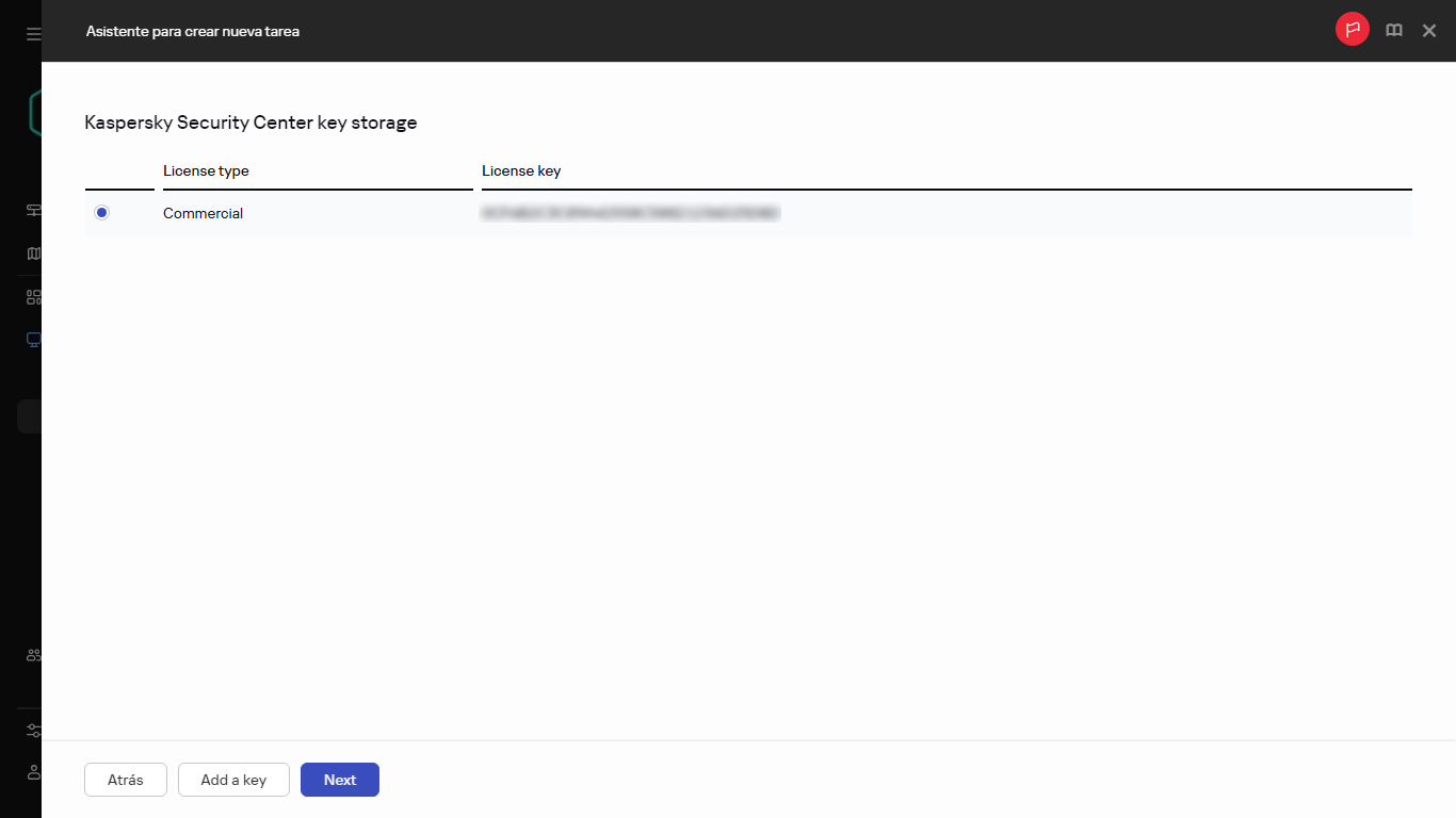 La lista de licencias en la ventana de la tarea Agregar clave.