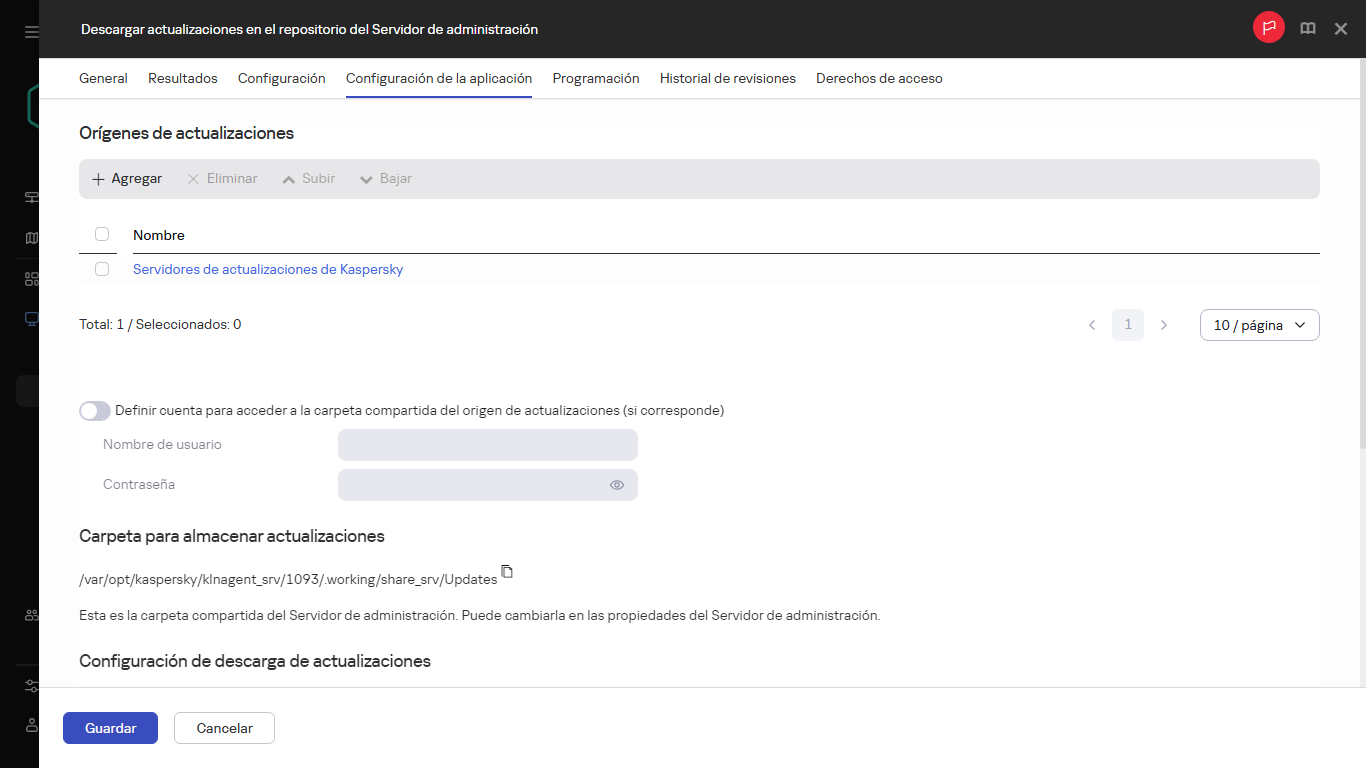Pestaña Configuración de la aplicación de la ventana de la tarea Descargar actualizaciones en los repositorios de los puntos de distribución.