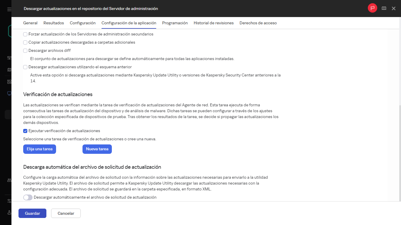 La pestaña Configuración de la aplicación de la ventana de la tarea Descargar actualizaciones en los repositorios de los puntos de distribución.