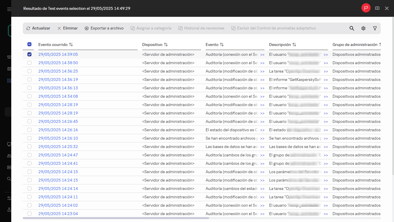 El resultado de la selección del evento con el evento seleccionado.