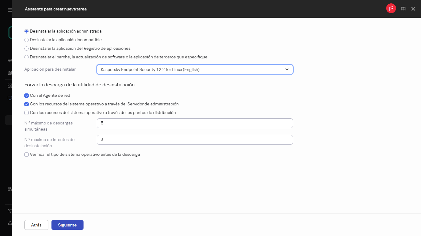 Configuración de la tarea Desinstalar aplicación de forma remota.