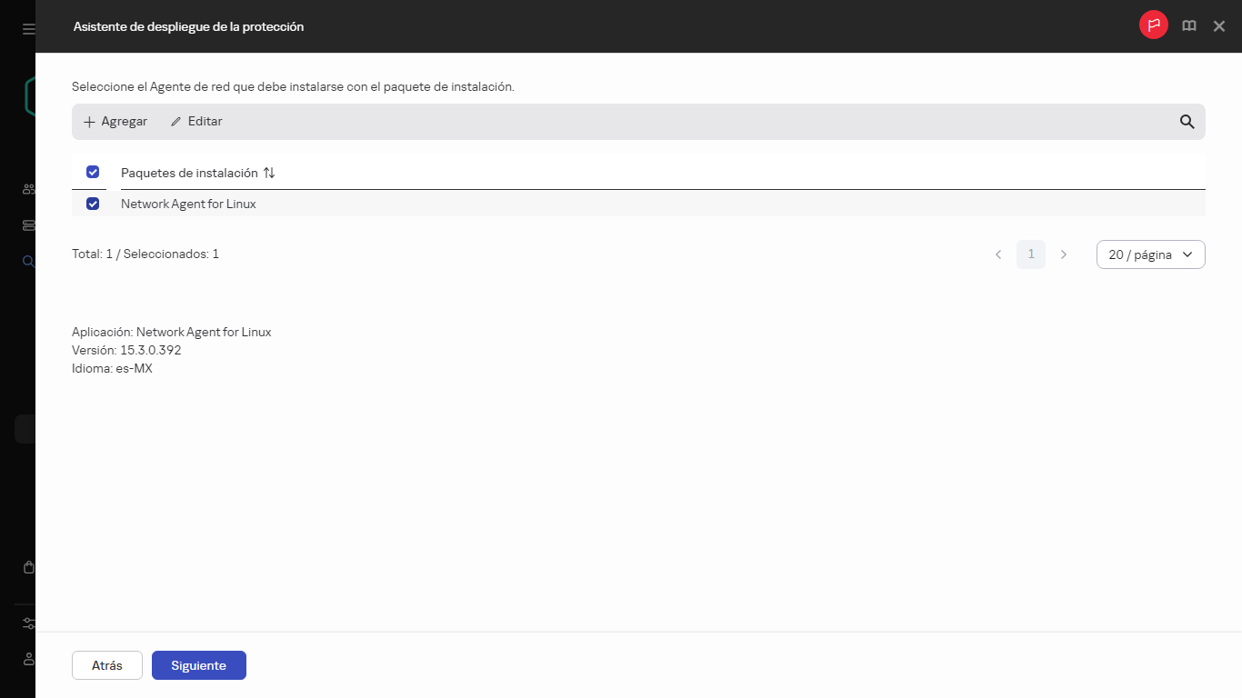 Seleccionar el Agente de red que se instalará con el paquete de instalación.