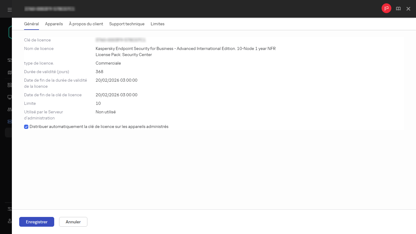 La fenêtre des propriétés de la clé de licence.