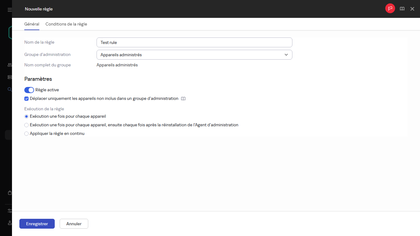 La nouvelle fenêtre de création de règle.