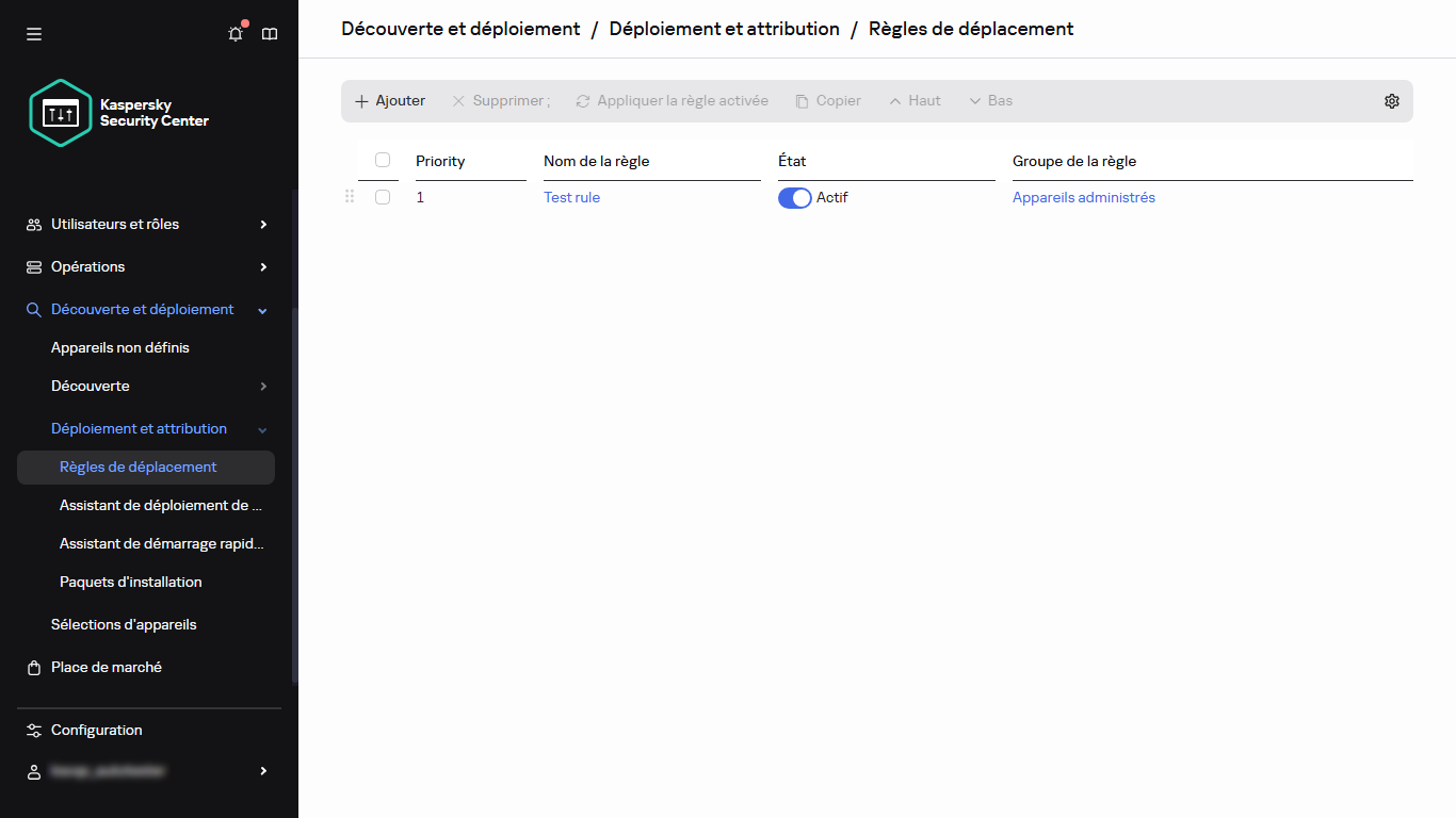 La section des règles de déplacement de Kaspersky Security Center.