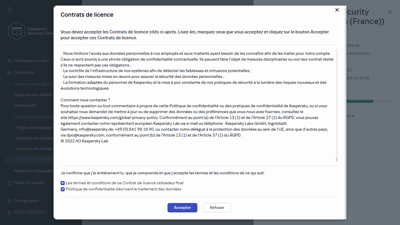 La fenêtre d'acceptation du Contrat de licence utilisateur final.