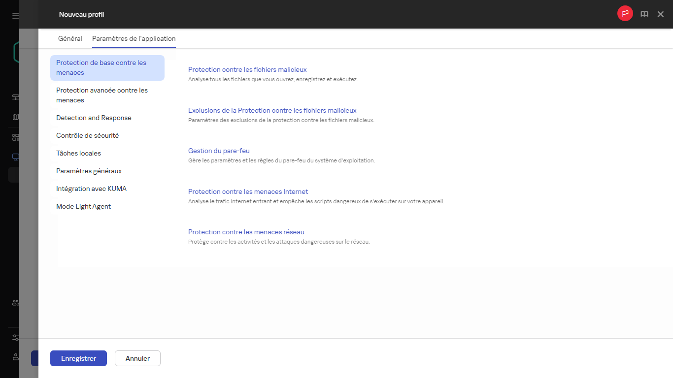 Spécification des paramètres d'un nouveau profil de stratégie dans l'onglet Paramètres de l'application.
