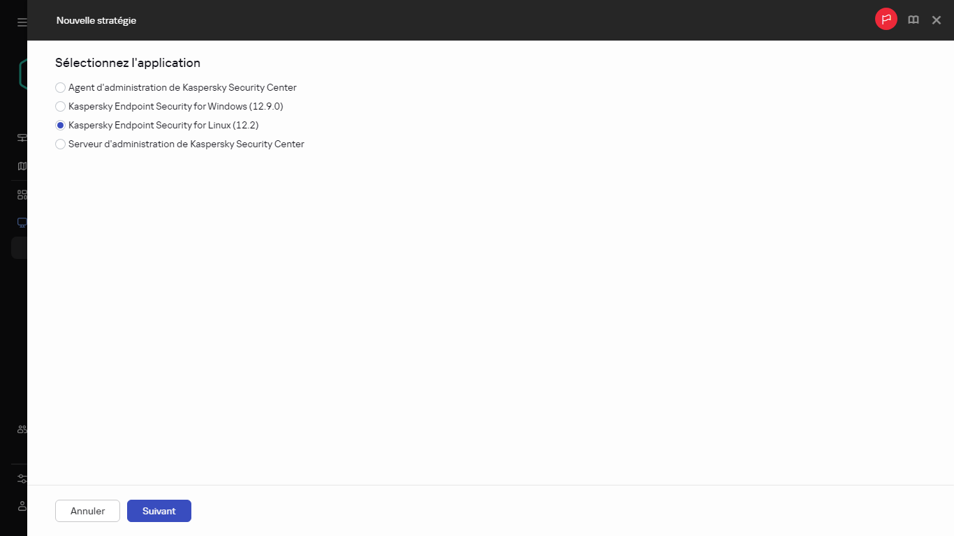 Sélection de l'application pour laquelle la stratégie est créée.