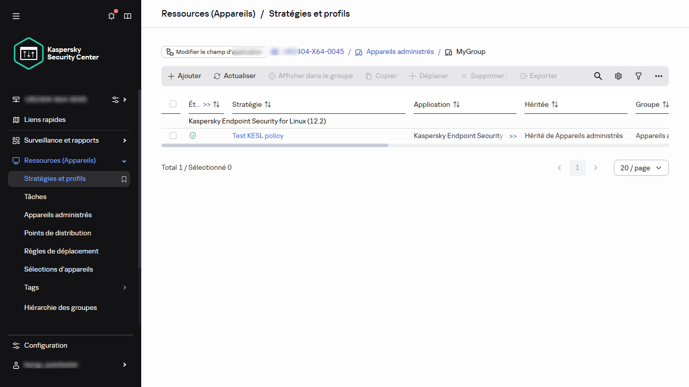 Sélection du groupe d'administration pour lequel la stratégie doit être créée.
