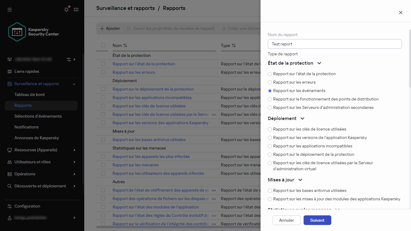 Spécification du nom et du type d'un nouveau rapport.