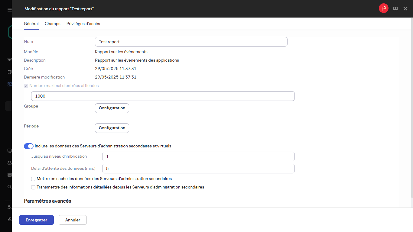 L'onglet Général de la fenêtre de modification du rapport.