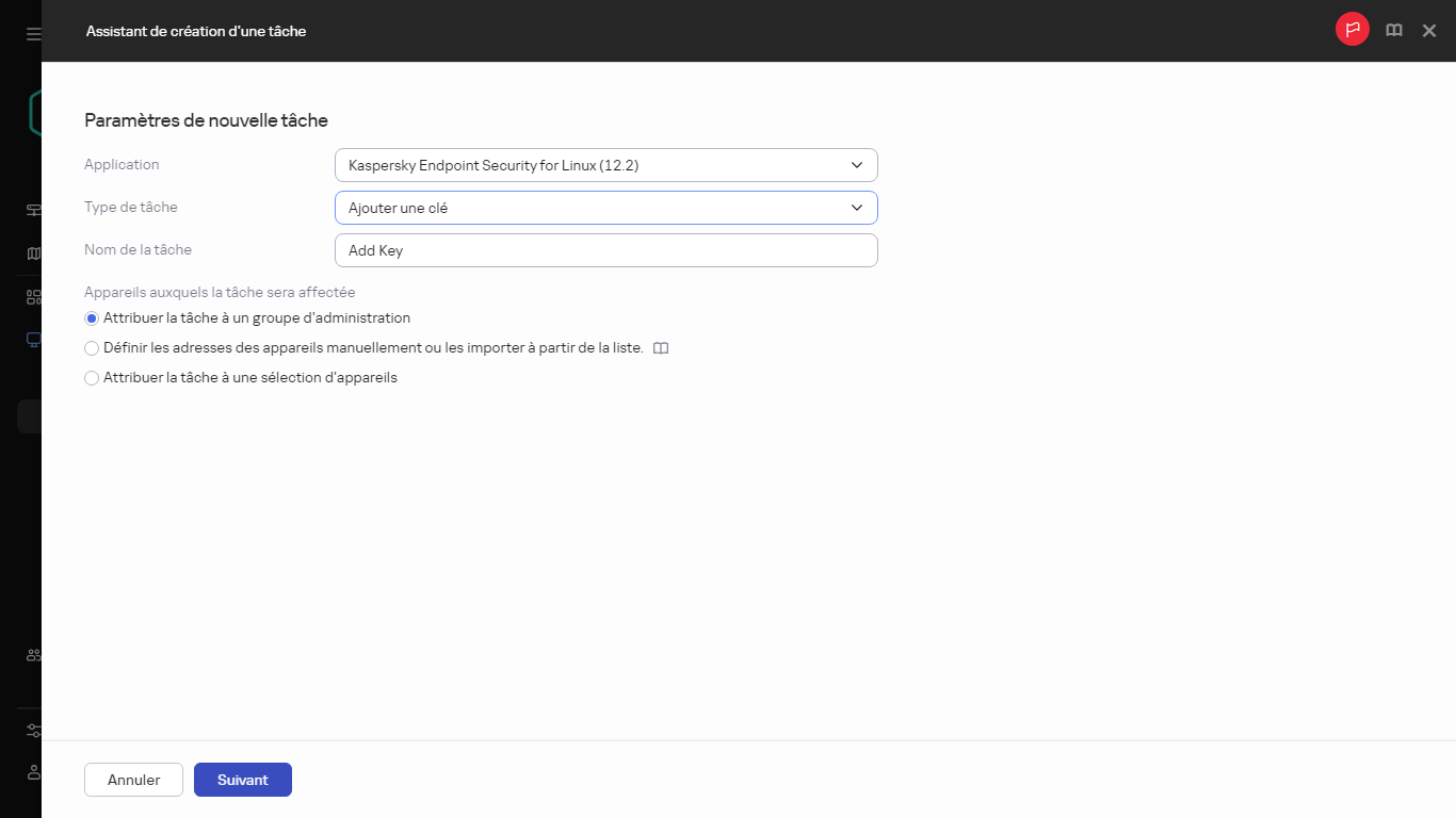 Paramètres de la tâche Ajout d'une clé.