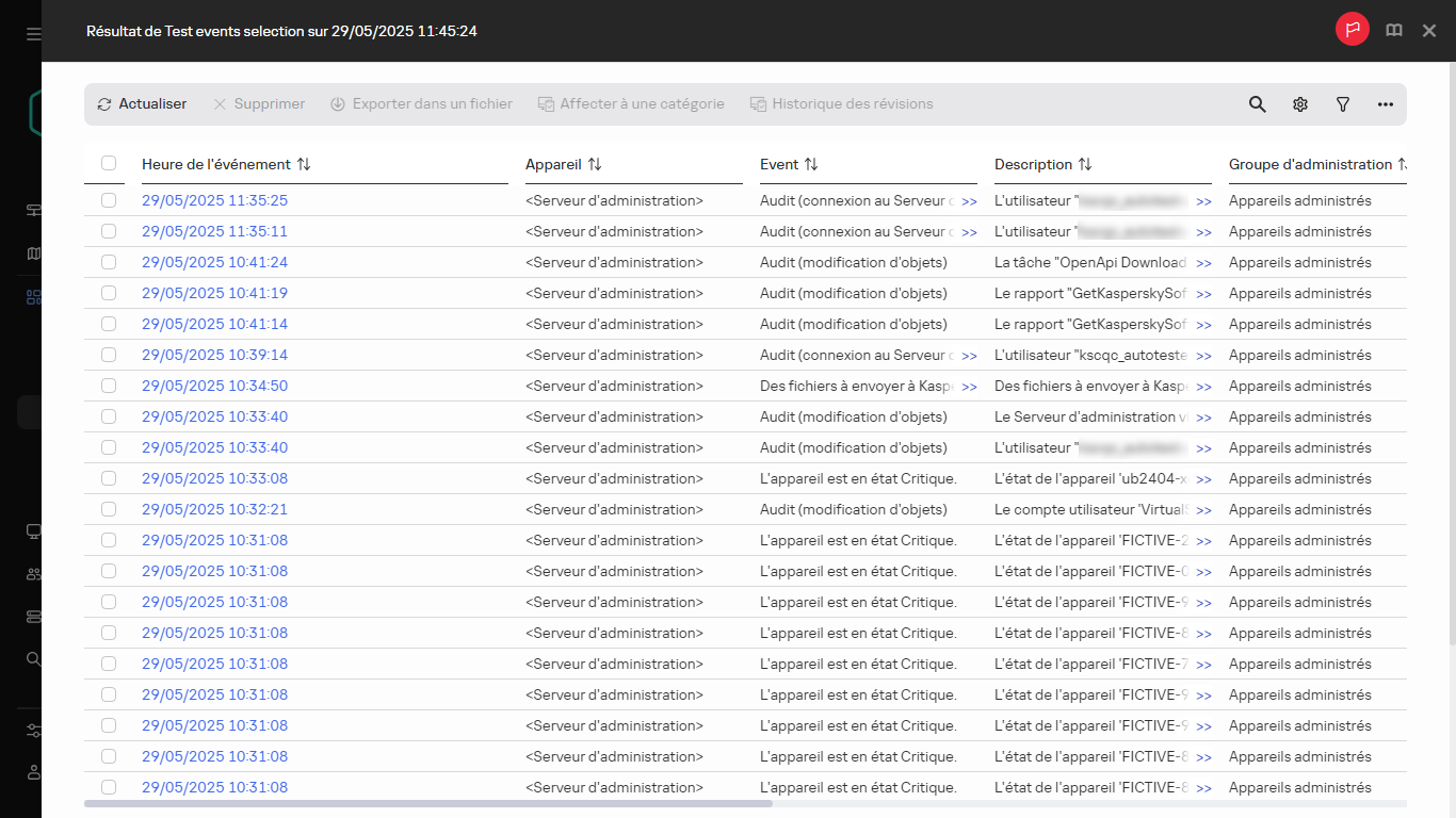 Résultat de la sélection d'événements.