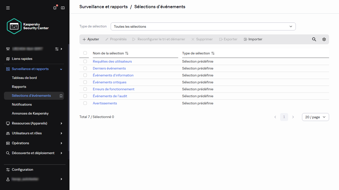 La liste de sélection des événements.