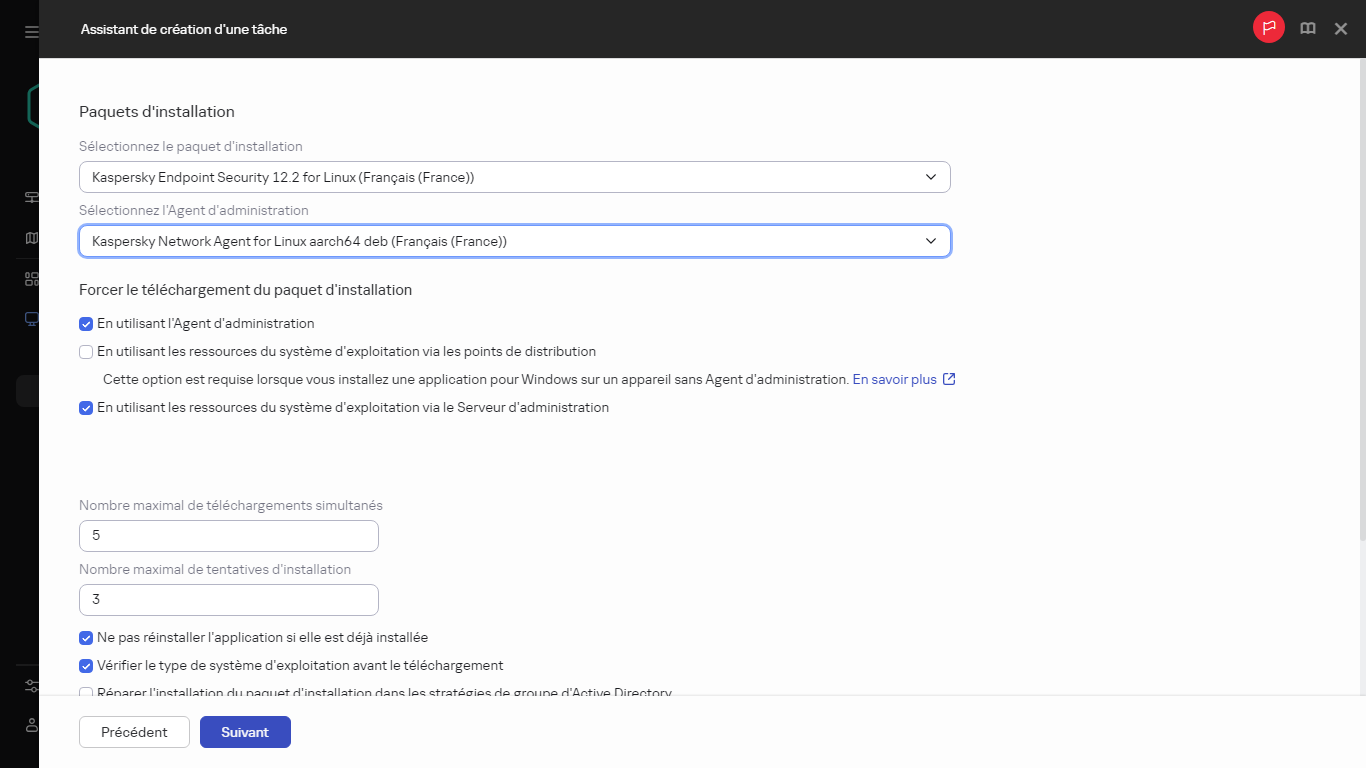 Paramètres de la tâche Installation à distance d'une application.