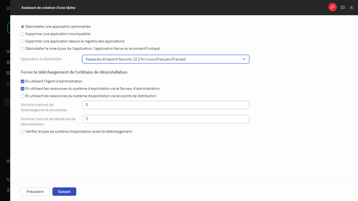 Paramètres de la tâche Désinstallation à distance d'une application.