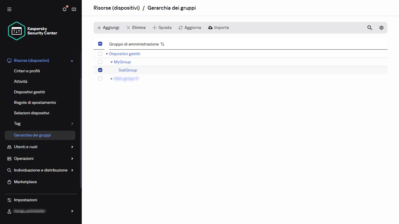 Gerarchia di gruppi con sottogruppo selezionato.