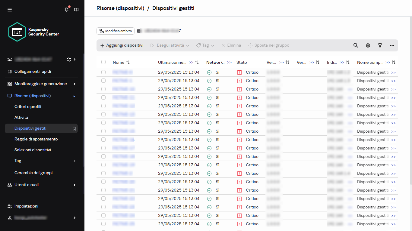 L'elenco dei dispositivi gestiti.