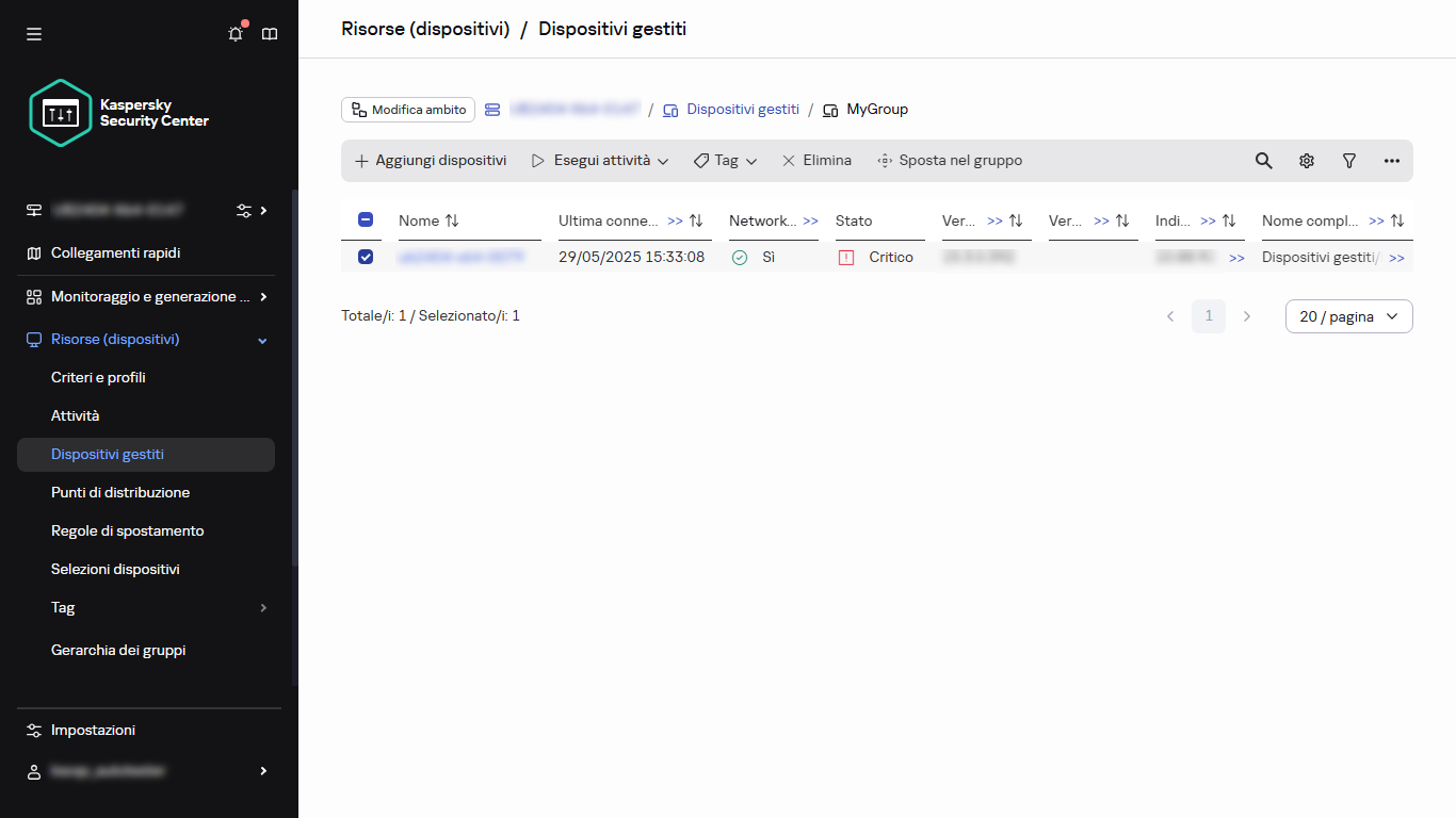 Il dispositivo gestito selezionato.