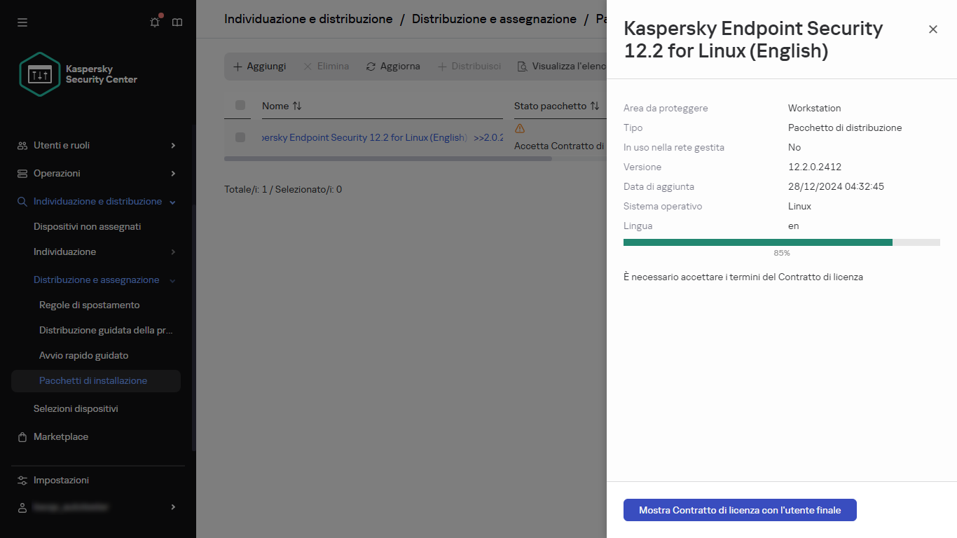 Finestra di download del pacchetto di installazione nella fase di accettazione dell'EULA.